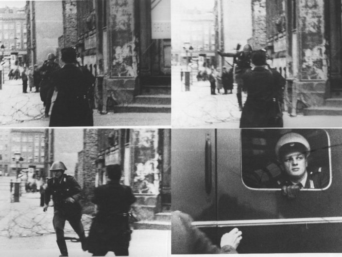 Fotostrecke der Flucht von Conrad Schumann aus der DDR. Das Foto mit dem Titel Sprung in die Freiheit über eine Stacheldrahtrolle gehört als Medienikone zu den bekanntesten Bildern des Kalten Krieges.