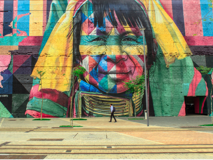 Mehrere Meter Hohe und Breite Wandmalerei im Graffiti-Stil. Das Motiv zeigt das Portrait einer indigenen Person in bunten Farben. 