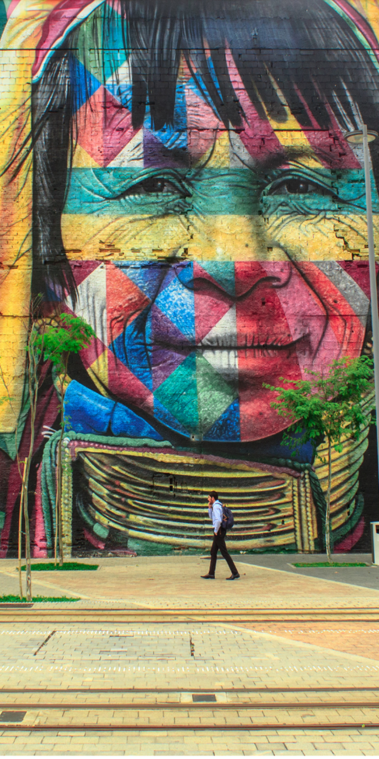 Mehrere Meter Hohe und Breite Wandmalerei im Graffiti-Stil. Das Motiv zeigt das Portrait einer indigenen Person in bunten Farben. 