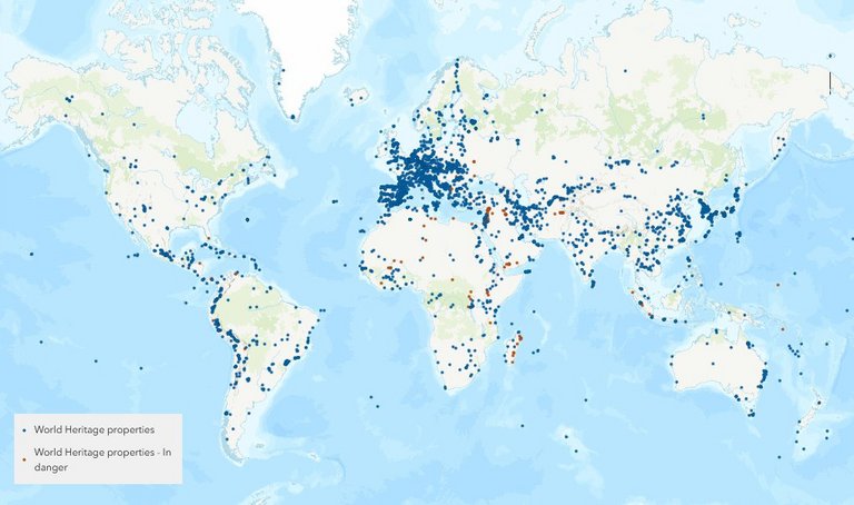 Karte der Welterbestätten weltweit, Stand 2024