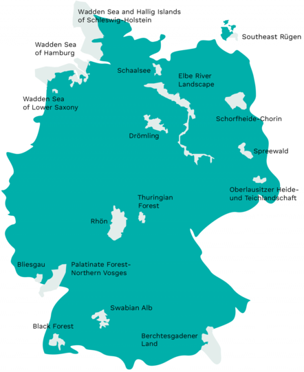 Karte Deutschlands mit den Biosphärenreservaten in Deutschland