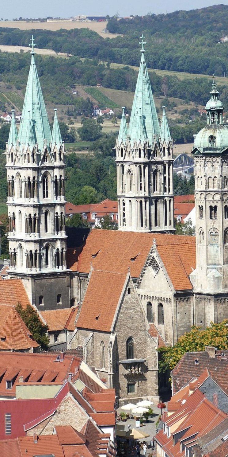 Blick auf den Naumburger Dom, im Vordergrund Häuserdächer, im Hintergrund Landschaft hinter der Stadt