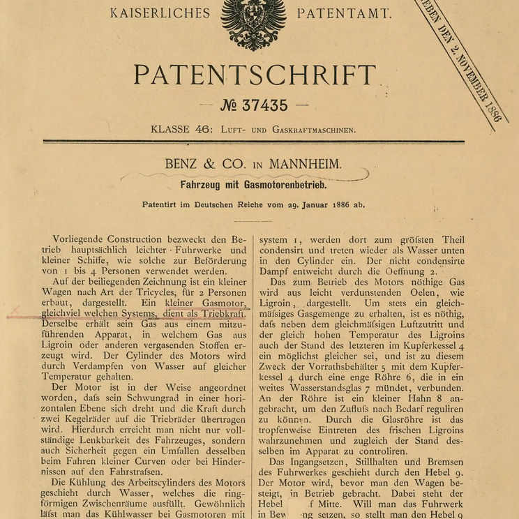 Das Benz-Patent von 1886 Benz Patentschrift No. 37435
