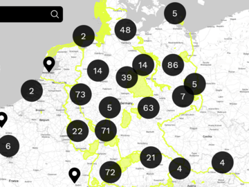 Grafische Kartenansicht auf der schwarze Punkte mit Zahlen zu sehen sind. Die Karte zeigt Europa mit Deutschland im Zentrum.