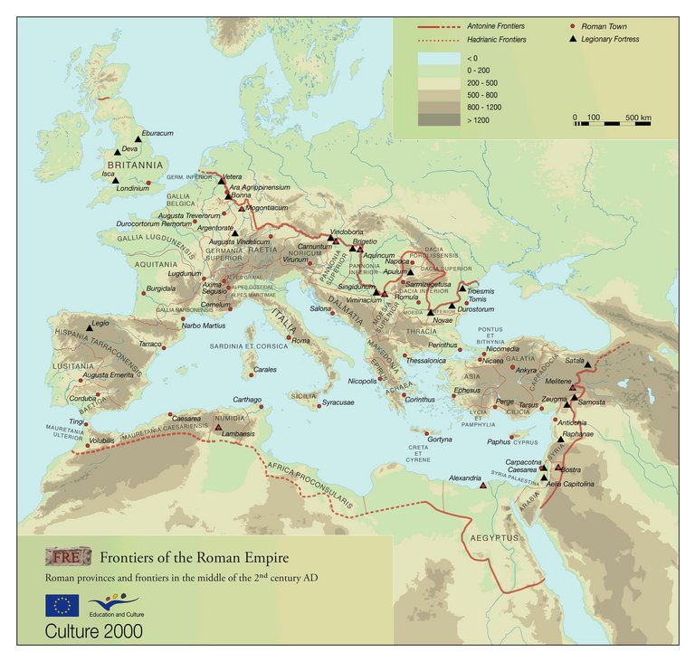 Karte mit den Römischen Grenzen und Territorien um die Mitte des 2. Jahrhunderts n. Chr.